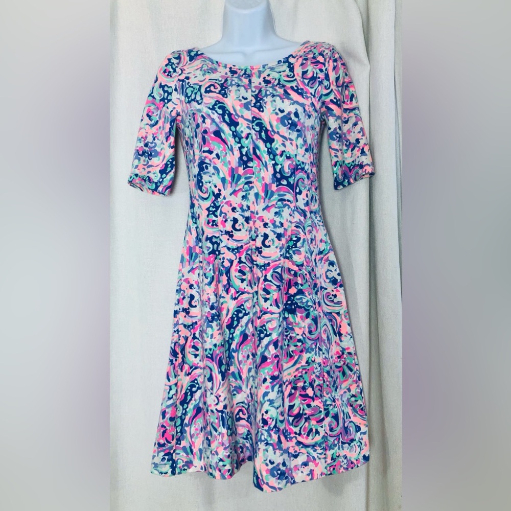 Lilly Pulitzer Celia La Playa Dress XS Fit & Flare Crew Back Zip Short Sleeve